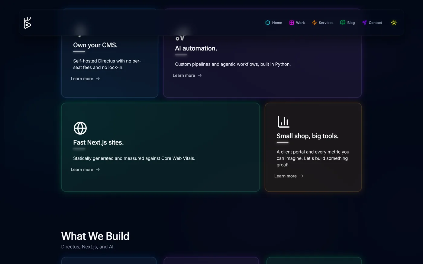 The Analog Elk platform showing service cards for self-hosted CMS, AI automation, fast Next.js sites, and client dashboards